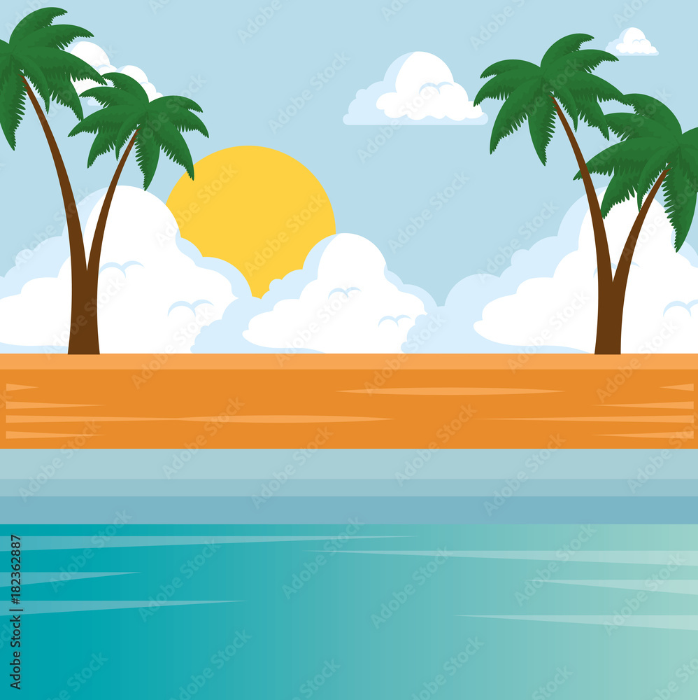 beautiful landscape summer time on the beach with palms vector illustration graphic design