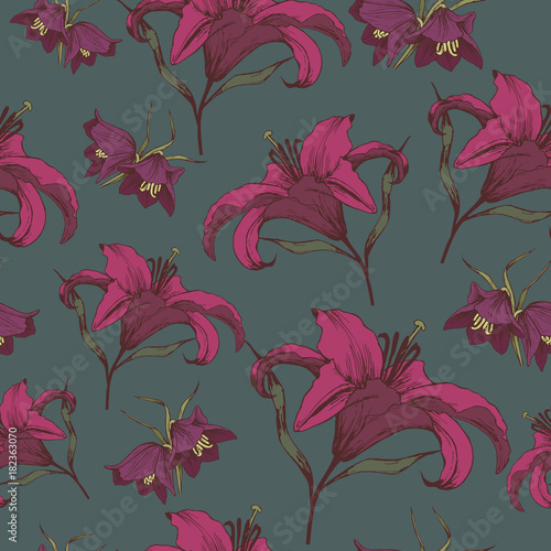 Vector floral seamless pattern with Lilies and Fritillaria in vintage style. Floral background