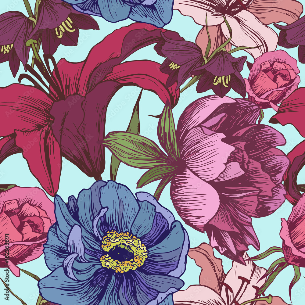 Vector floral seamless pattern with peonies, lilies, roses in vintage ...