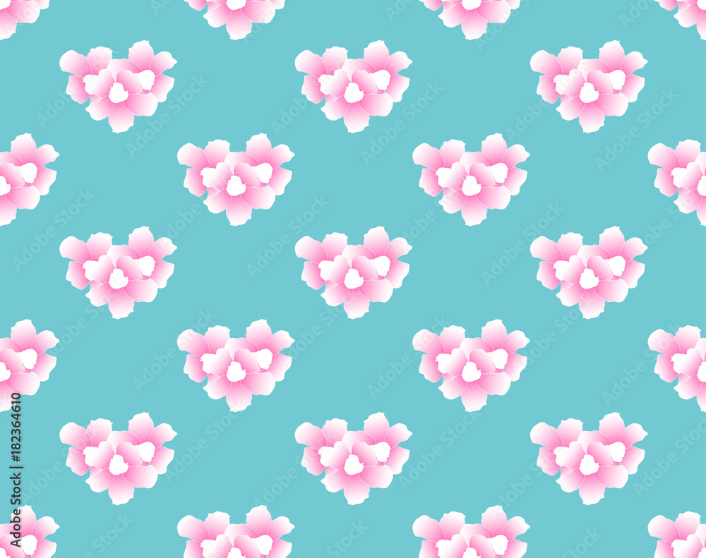 Pink Trumpet Flower Seamless on Blue Mint Background