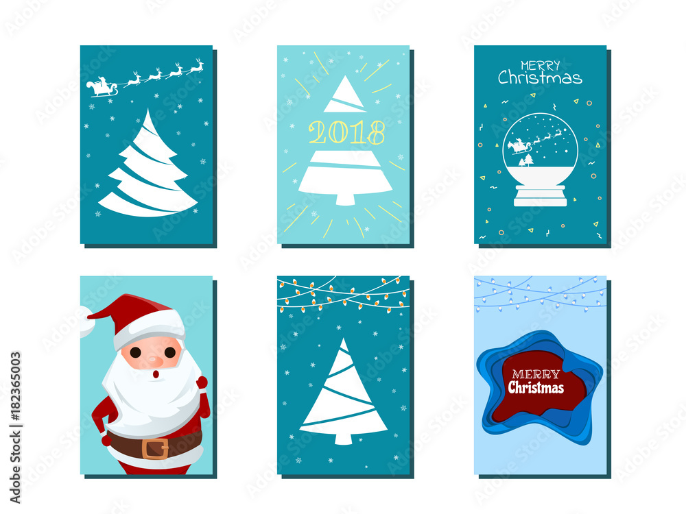 Collection of Merry Christmas greeting cards and invitations. Santa claus snow globe and Christmas tree ornaments and decorative elements. Merry Christmas and Happy new year.