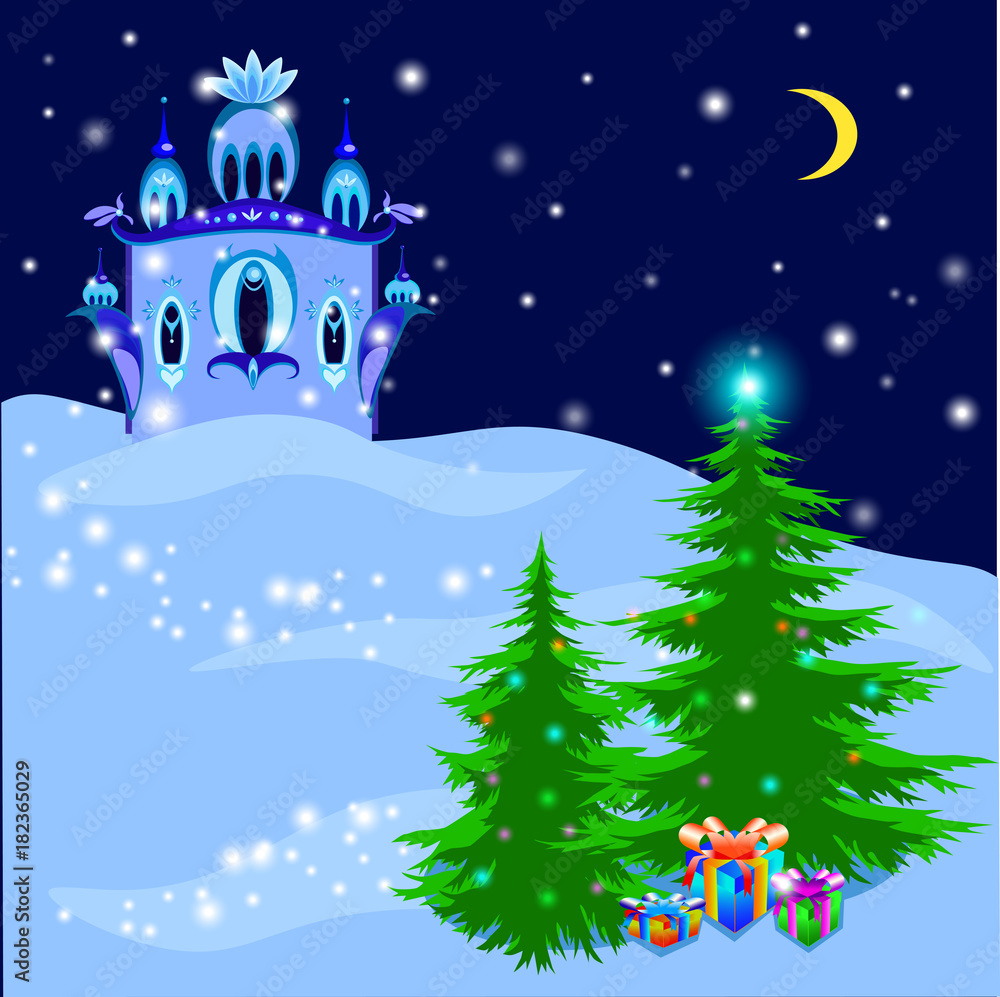 Ice Royal Palace in magic winter illustration, vector
