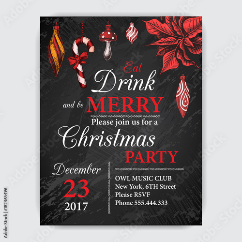 Invitation card for a Christmas party. Design template with xmas hand-drawn graphic illustrations. Greeting card with the New Year and Christmas holidays.