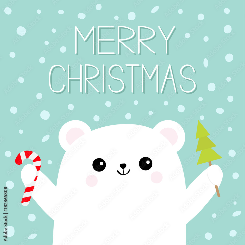 Merry Christmas. Polar white bear cub hand holding candy cane Fir tree spruce stick. Reaching for a hug. Cute cartoon baby character. Arctic animal. Flat design. Winter snow flake background. Merry Christmas. Polar white bear cub hand holding candy cane Fir tree spruce stick. Reaching for a hug. Cute cartoon baby character. Arctic animal. Flat design. Winter snow flake background.