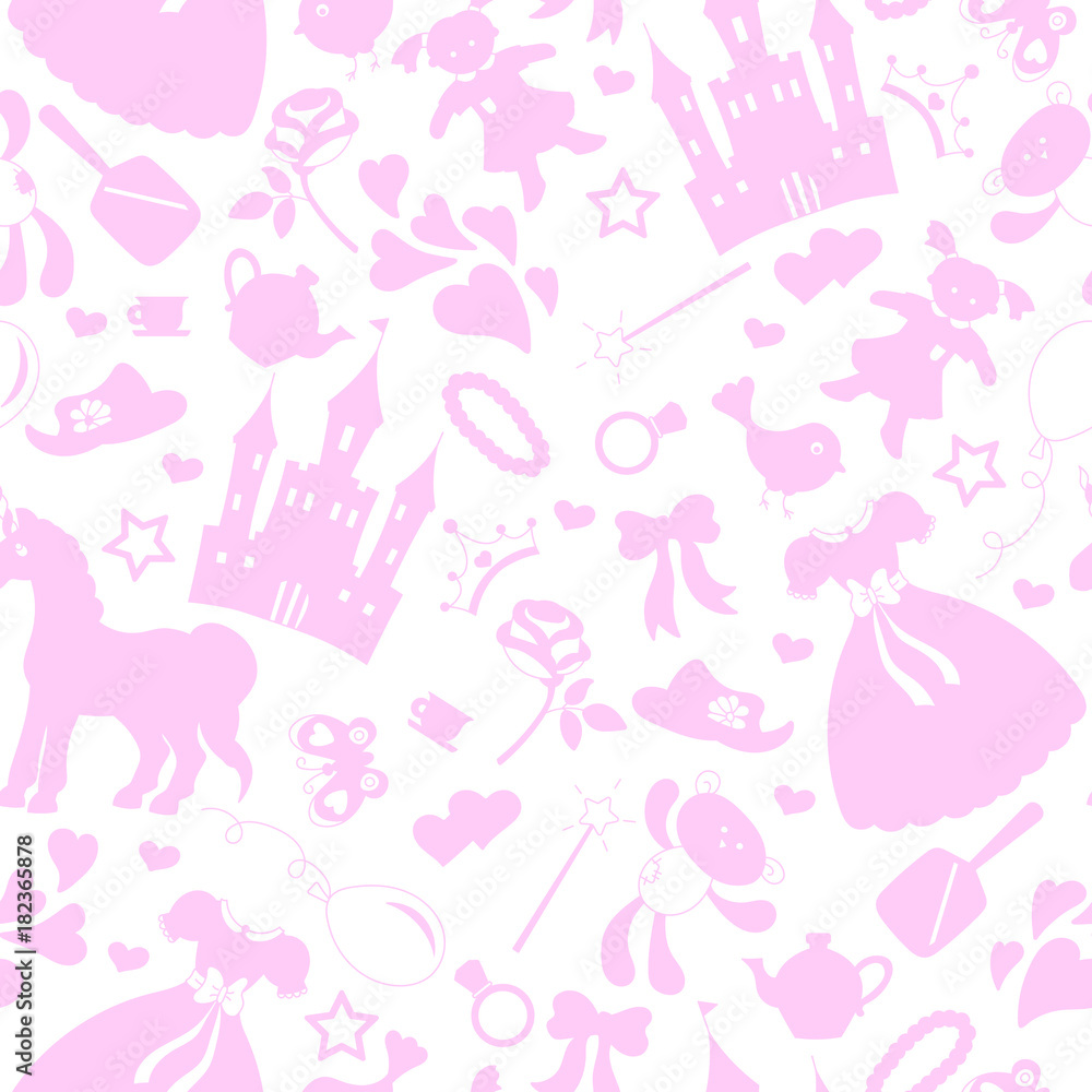 Seamless pattern on the theme of Hobbies baby girls,  accessories and toys, the outlines of objects pink icons on a white background 