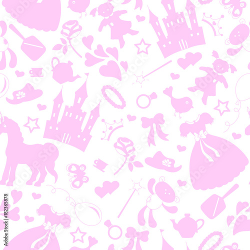 Seamless pattern on the theme of Hobbies baby girls, accessories and toys, the outlines of objects pink icons on a white background 