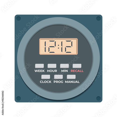 Programmable Timer. Relay Time. Electrical AC Timer. Switch Control.Flat icon isolated on white. LCD screen.