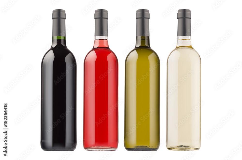 Wine bottles collection different colors isolated on white background, mock up. Template for advertising, design, branding identity. Wine bottles collection different colors isolated on white background, mock up. Template for advertising, design, branding identity.