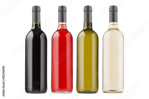 Wine bottles collection different colors isolated on  white background, mock up. Template for advertising, design, branding identity.