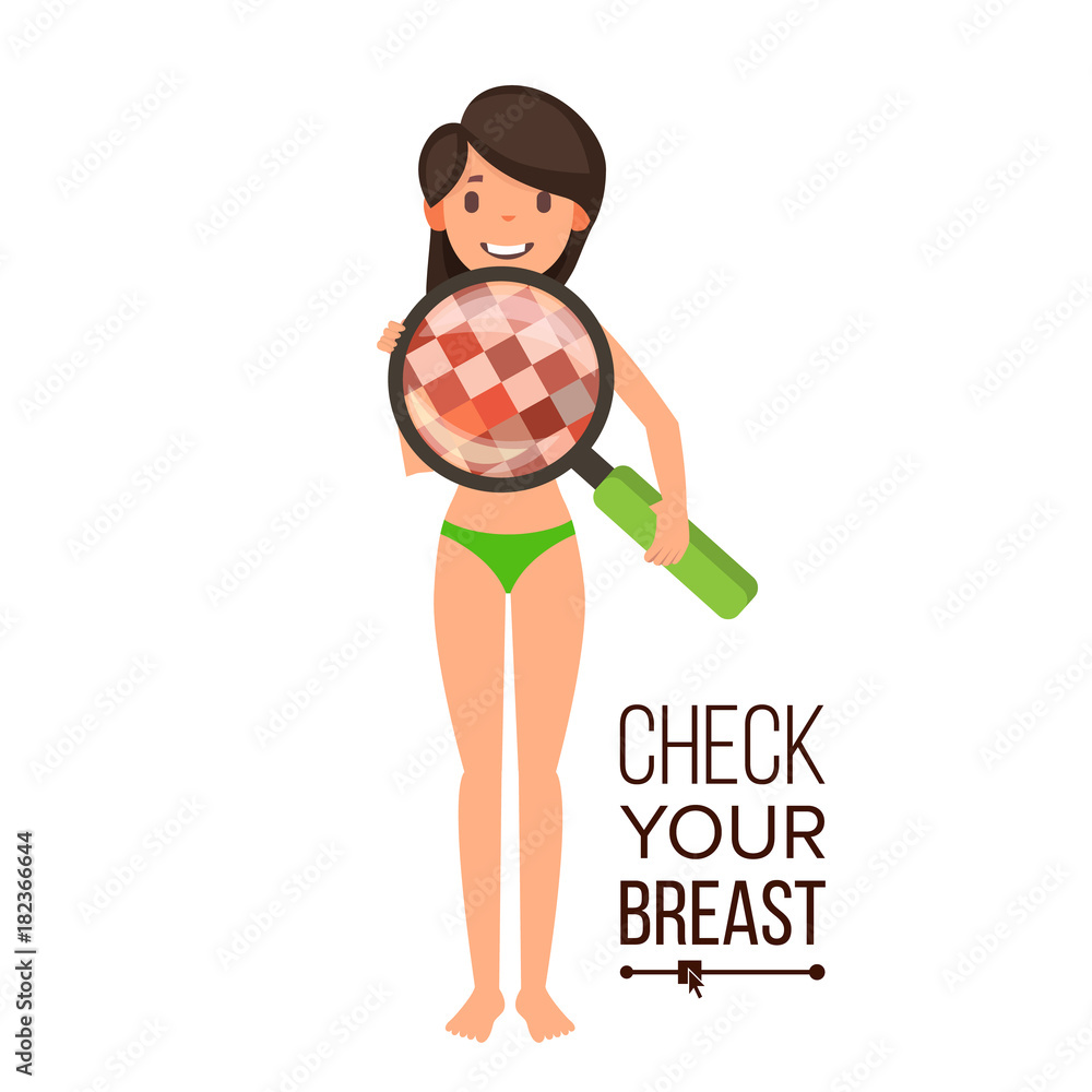 Check Your Breast Vector. Naked Woman, Magnifying Glass. Censored Skin. Body Female Healthcare Sex Concept. Oncology, Tumor