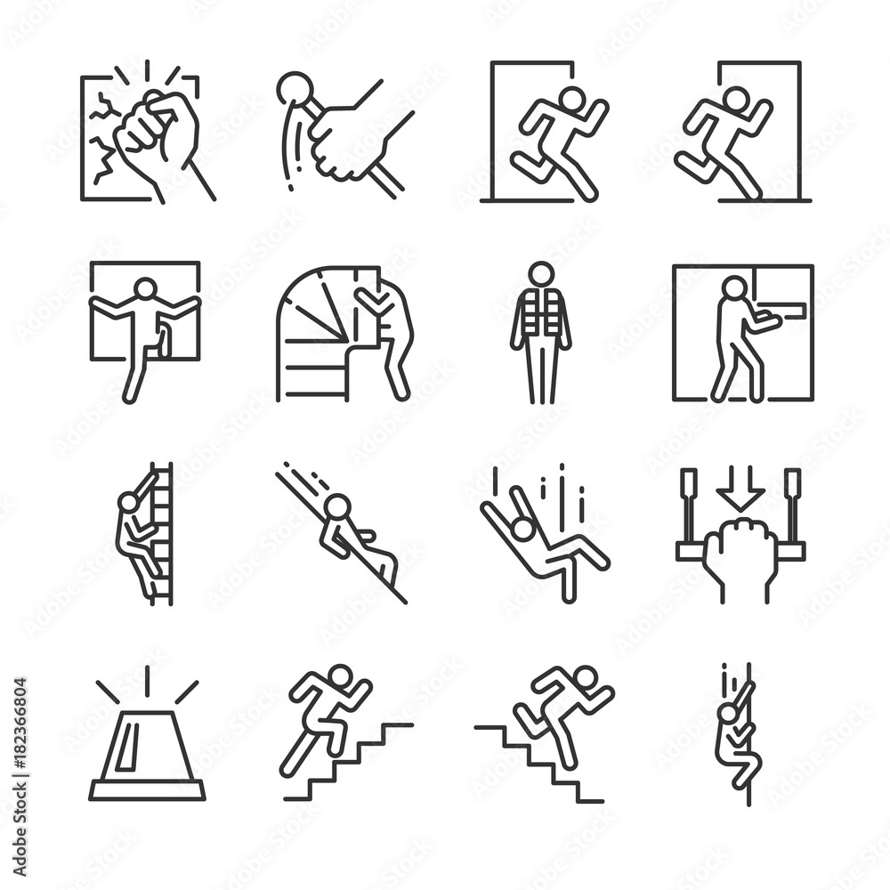 Emergency exit icon set. Included the icons as evacuation, run, escape, alarm, life jacket, chute and more. Emergency exit icon set. Included the icons as evacuation, run, escape, alarm, life jacket, chute and more.
