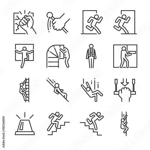 Emergency exit icon set. Included the icons as evacuation, run, escape, alarm, life jacket, chute and more.