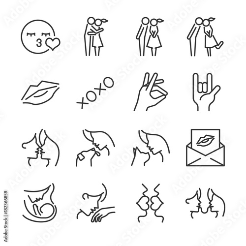 Kiss icon set. Included the icons as love, couple, lover, miss, care, adore and more.