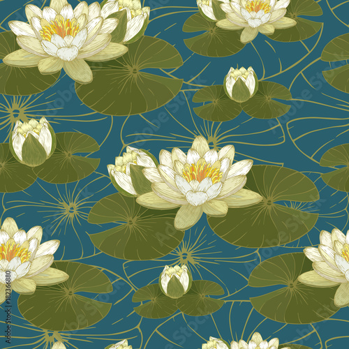 Vector floral seamless pattern with white water lilies