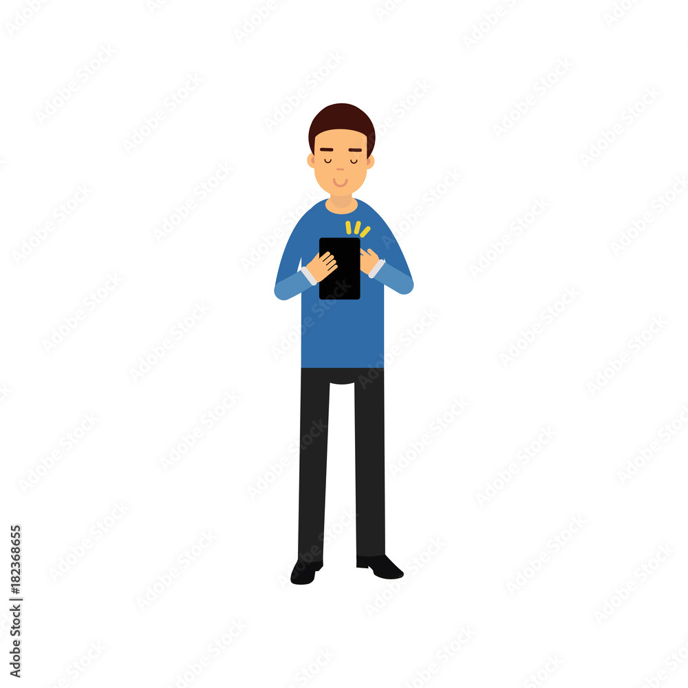 Young man standing with a tablet, man using electronic device vector Illustration Young man standing with a tablet, man using electronic device vector Illustration