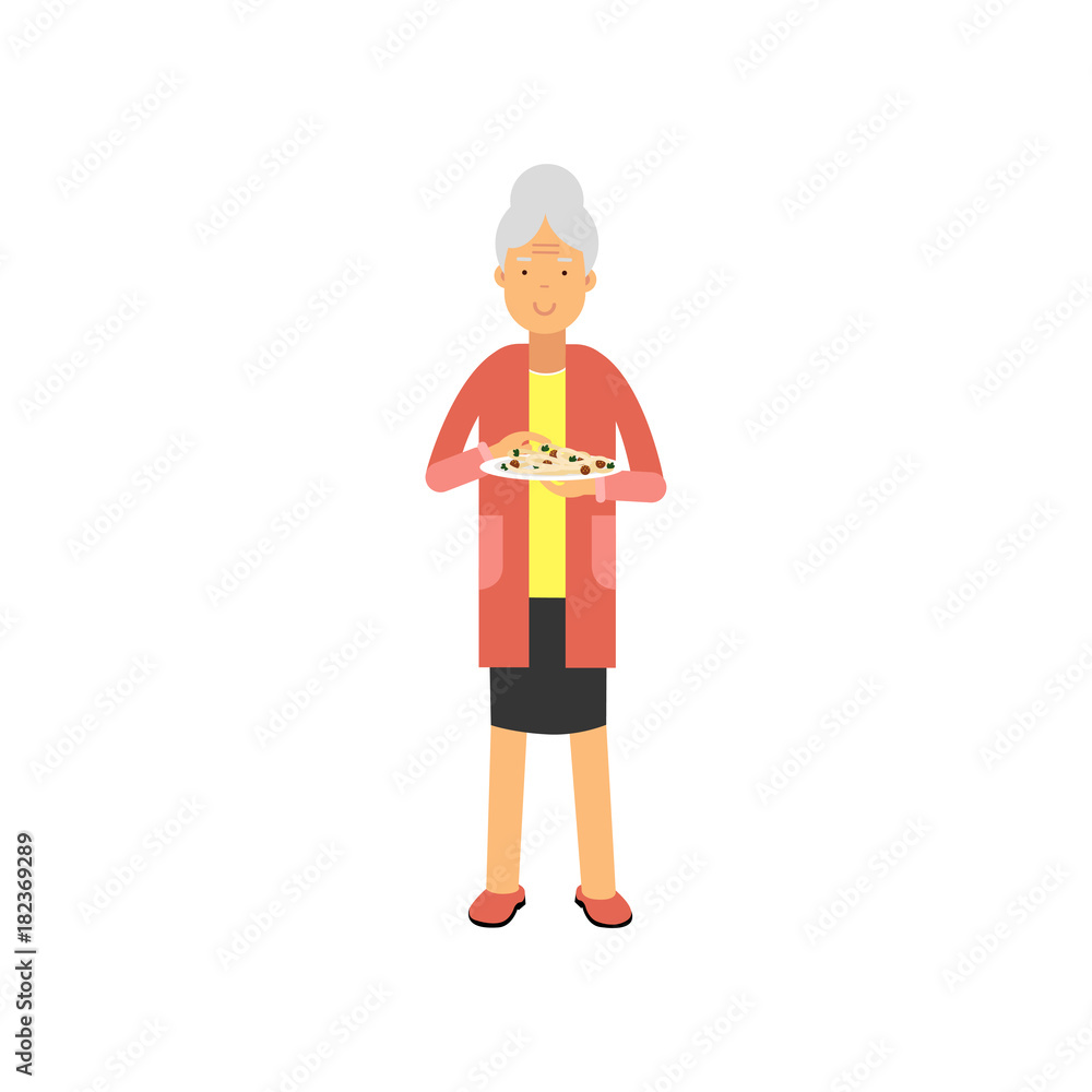 Senior woman standing with plate of food, pensioner people leisure and activity vector Illustration Senior woman standing with plate of food, pensioner people leisure and activity vector Illustration