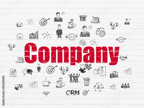 Business concept  Painted red text Company on White Brick wall background with  Hand Drawn Business Icons