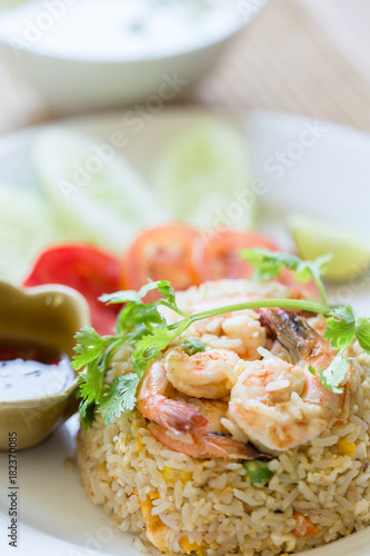 Fried Rice Shrimp is placed on a plate, Appetizing. Famous Thai food menu..