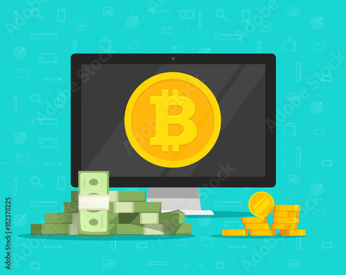 Bitcoin mining concept and paper money exchange vector illustration, flat cartoon style of desktop computer pc with cryptocurrency coins on screen and paper and golden money, idea of future banking