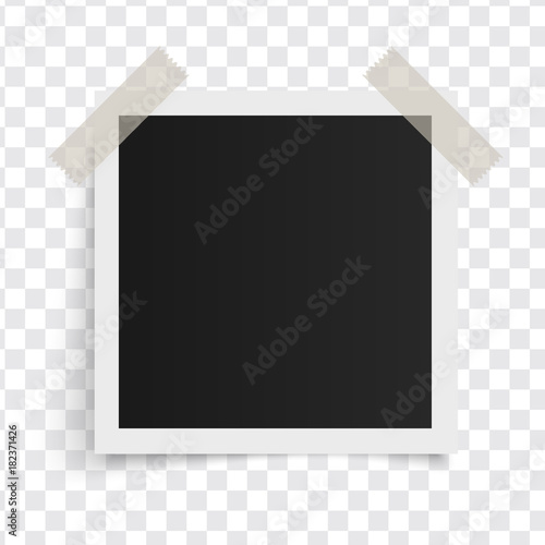 Square photo frame template with shadows on sticky tape on a transparent background. Vector illustration.