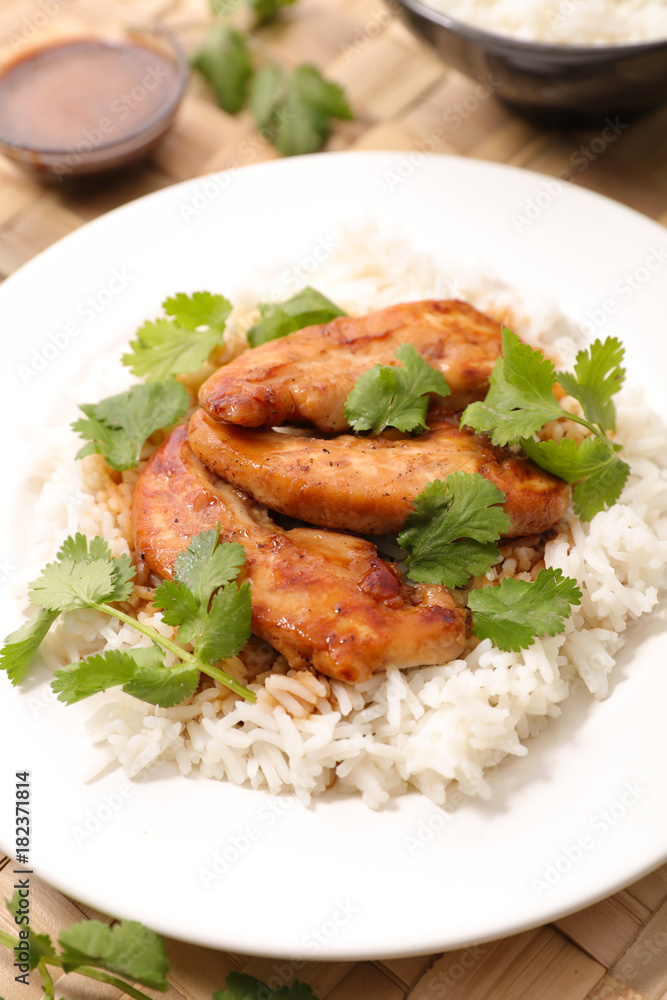 grilled chicken fillet with rice and coriander