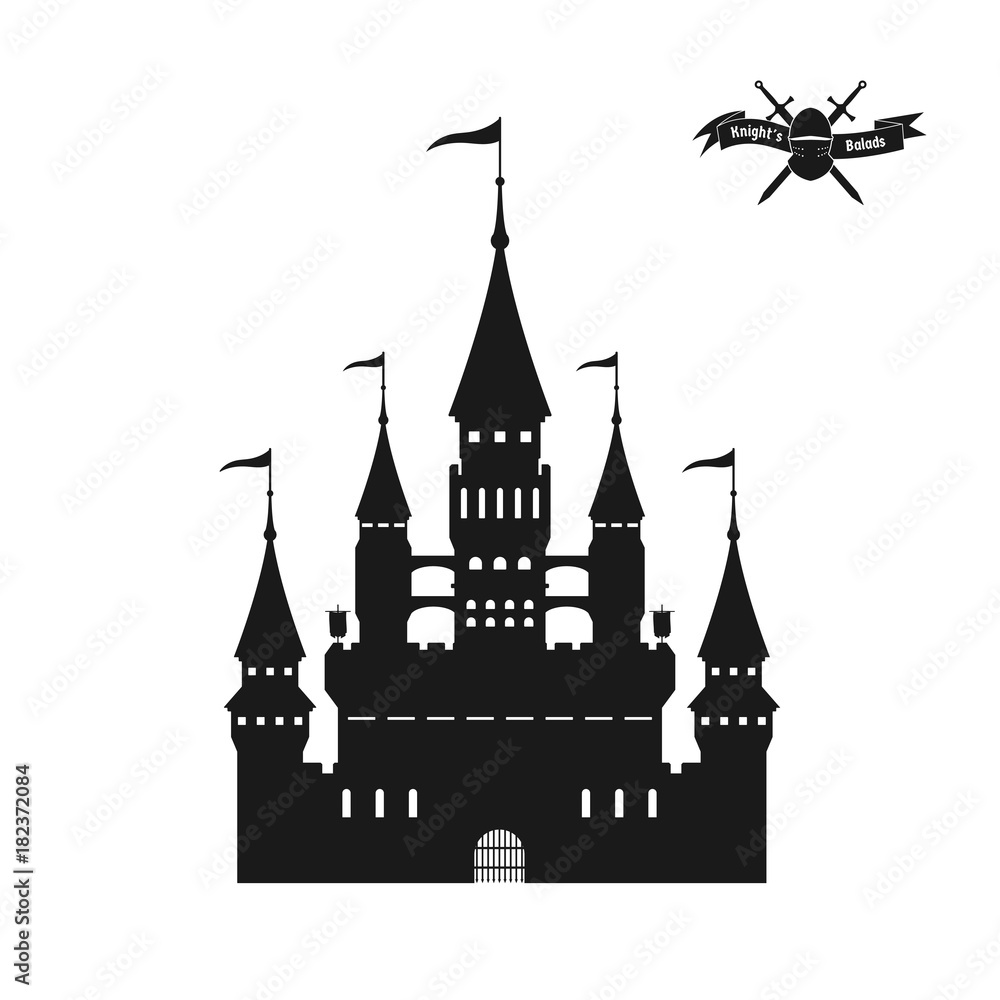 Black silhouette of a medieval castle. Isolated image of fantasy fortress on white background. Vector illustration