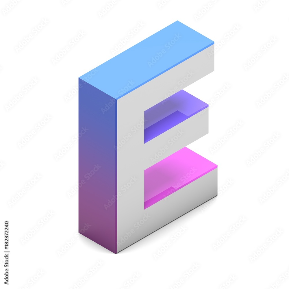Letter E. Isometric lettering font with pink blue gradient Letter E. Isometric lettering font with pink blue gradient