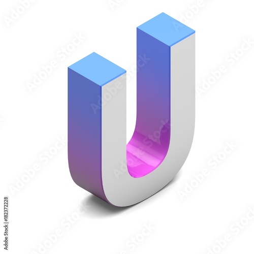 Letter U. Isometric lettering font with pink blue gradient