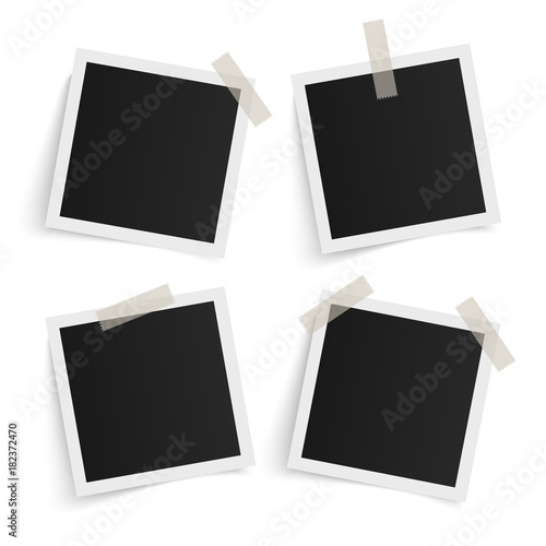 Set of square vector photo frames on sticky tape on white background. Template photo design. Vector illustration