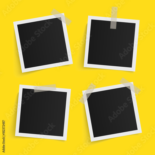 Set of square vector photo frames on sticky tape on yellow background. Template photo design. Vector illustration
