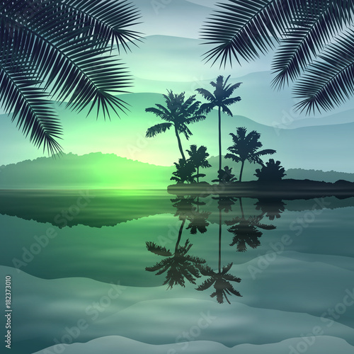 Green background with sea and palm trees at night.