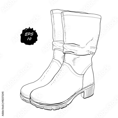 illustration of hand drawn graphic women Footwear, shoes. Casual high shoe boots for autumn and spring seasons. Doodle, drawing Design isolated object.