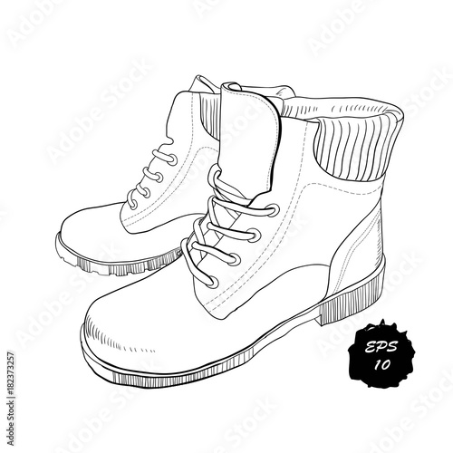 illustration of hand drawn graphic Men and women Footwear, shoes. Casual and sport style, gumshoes, boots for cold seasons. Doodle, drawing Design isolated object.
