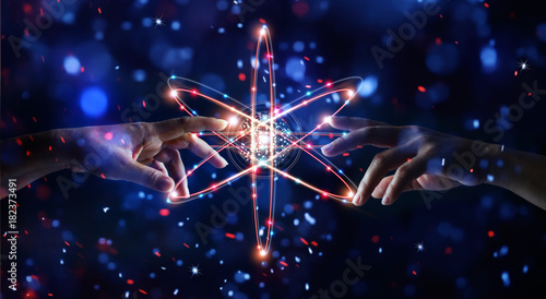 Hands touching network connection in science and data exchanges on glitter bright lights colorful  background
