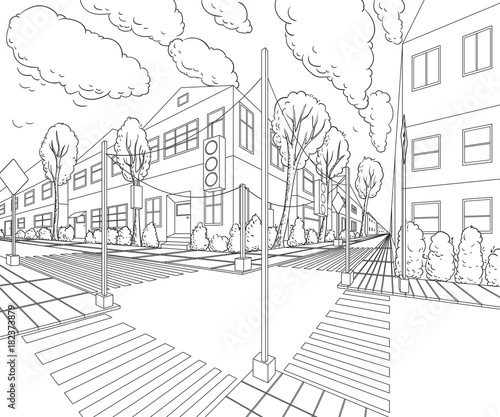 City street with buildings, traffic light, crosswalk and traffic sign. Сityscape background in sketch style. Vector illustration
