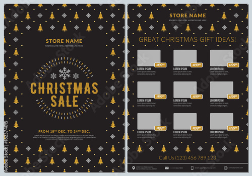 Christmas sale catalog design. Business flyer template. Vintage badge with winter background