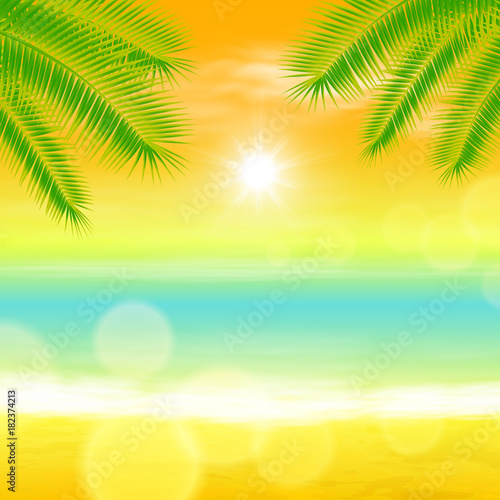 Sea sunset with palmtree and light on lens