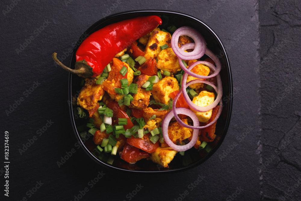 Indian cuisine. Paneer Tikka Kabab. Asian salad. Top view Indian cuisine. Paneer Tikka Kabab. Asian salad. Top view