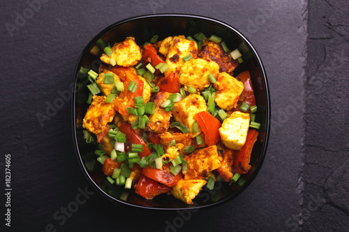  Indian cuisine. Paneer Tikka Kabab. Asian salad. Top view