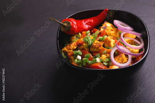  Indian cuisine. Paneer Tikka Kabab. Asian salad. Top view