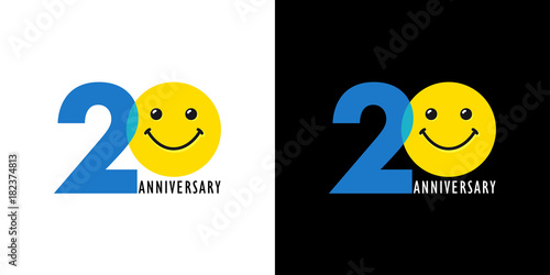20 years old smiling face. Congratulating celebrating 20th, 2nd numbers, logotype with emotions. Isolated colored greetings logo on black and white background or % off.