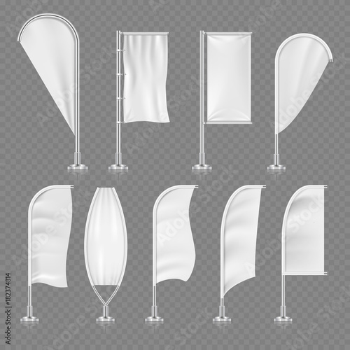 Blank outdoor white flags and advertising beach marketing banners isolated on transparent background