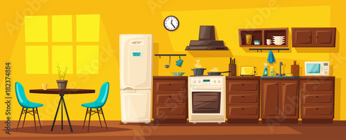Kitchen interior with furniture. Cartoon vector illustration