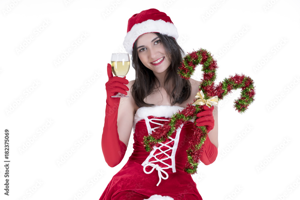 Christmas concept : Beautiful smiling young Asian woman in Santa Claus costume holding glass of white wine isolated on white background Christmas concept : Beautiful smiling young Asian woman in Santa Claus costume holding glass of white wine isolated on white background