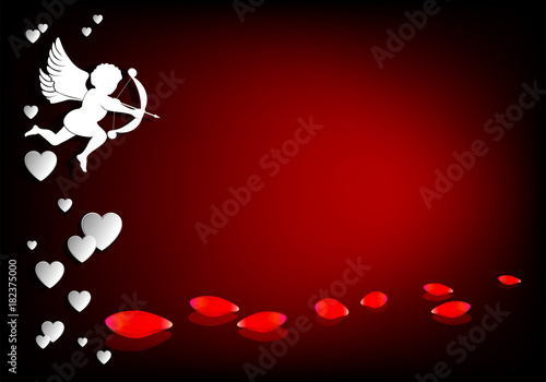 Design with cupid and spilled rose petals