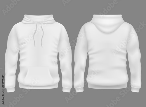 Men white blank hoodie in front and back view. Vector mockup isolated