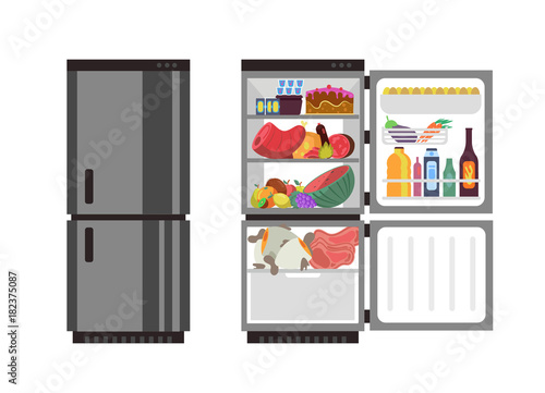 Open and close refrigerator. Kitchen fridge with food