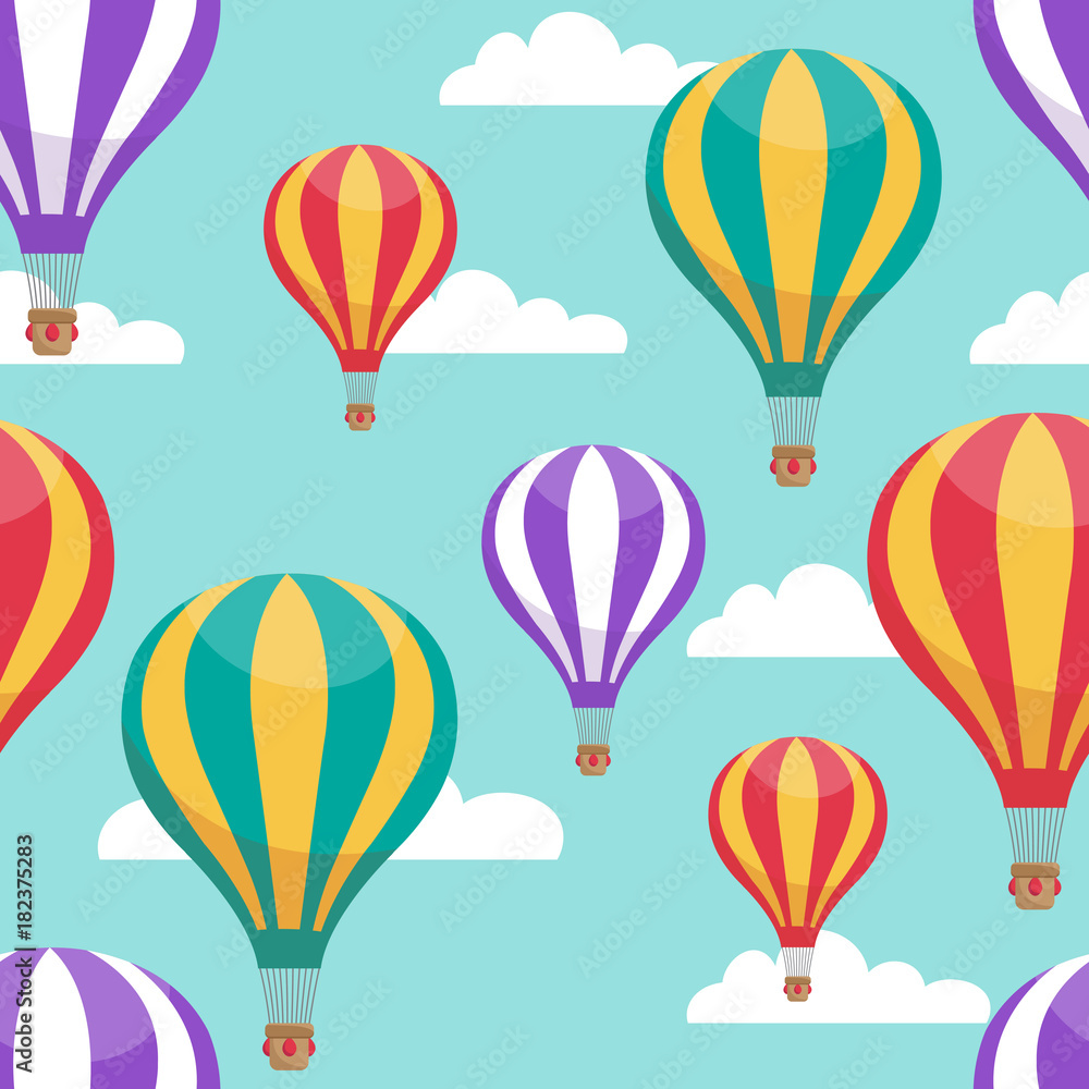 Cartoon hot air balloons in blue sky vector seamless pattern for air travel concept Cartoon hot air balloons in blue sky vector seamless pattern for air travel concept
