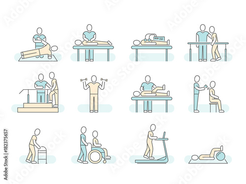 Massage therapy spa physiotherapy vector line medical icons. Therapeutic symbols