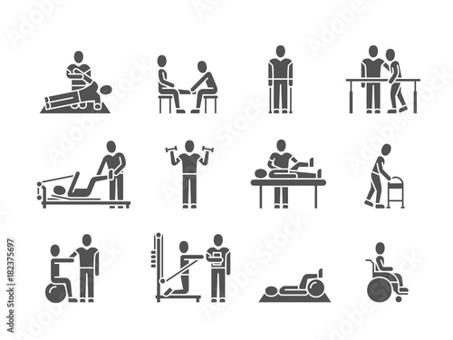 Medical physical therapy and people rehabilitation treatment black silhouette vector icons